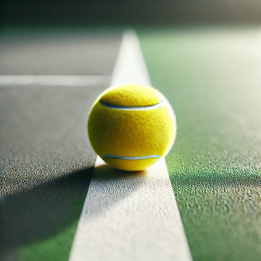 Close-up of a bright yellow tennis ball resting on a freshly painted tennis court near a crisp white line. The court surface is smooth and well-maintained, with soft shadows highlighting the texture of the ball. Perfect representation of professional sport court striping and maintenance.